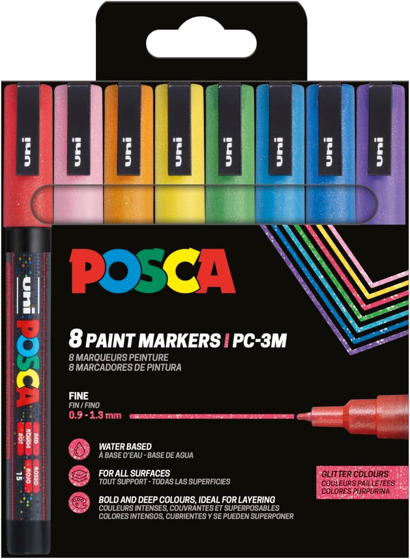 Uni-Ball 186539 - POSCA Marker Set, 8 acrylstiften glitter PC-3M, permanente marker 0,9-1,3 mm ronde punt