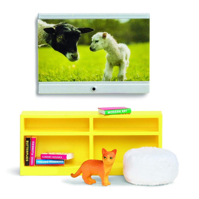 LUNDBY Poppenhuis Meubels — Woonkamer TV Set + Boekenkast — Poppenhuis Accessoires — 11 stuks voor 11 cm Mini Poppen, — Leeftijd 4+, 1:18