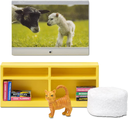 LUNDBY Poppenhuis Meubels — Woonkamer TV Set + Boekenkast — Poppenhuis Accessoires — 11 stuks voor 11 cm Mini Poppen, — Leeftijd 4+, 1:18