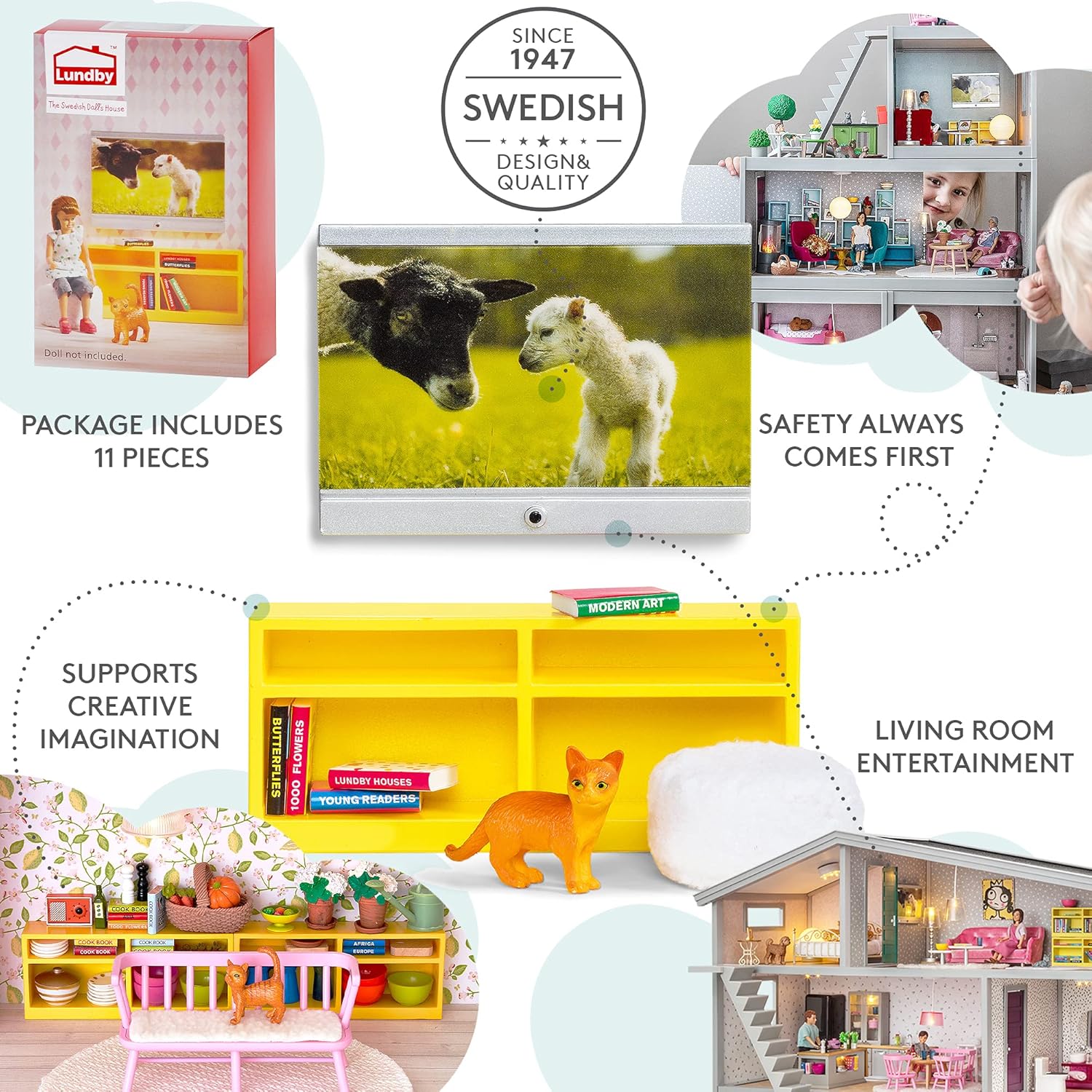 LUNDBY Poppenhuis Meubels — Woonkamer TV Set + Boekenkast — Poppenhuis Accessoires — 11 stuks voor 11 cm Mini Poppen, — Leeftijd 4+, 1:18