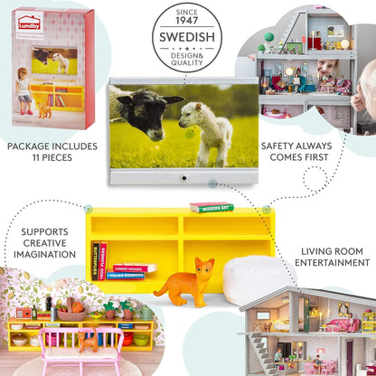 LUNDBY Poppenhuis Meubels — Woonkamer TV Set + Boekenkast — Poppenhuis Accessoires — 11 stuks voor 11 cm Mini Poppen, — Leeftijd 4+, 1:18