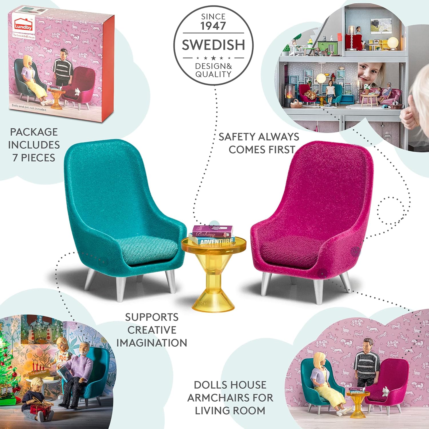 Lundby Armchair Stoelset, groen/pruim, geel