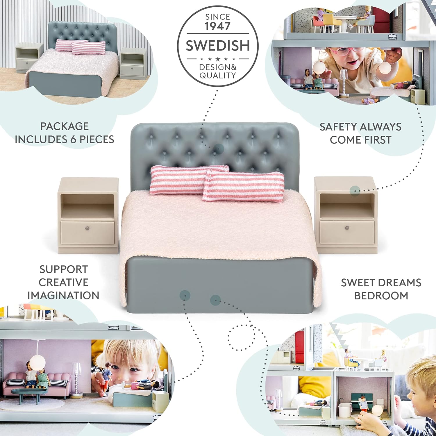 LUNDBY Poppenhuis Meubels Slaapkamerset - Poppenbed - Poppenhuis Accessoires voor 11cm Mini Poppen - 6 stuks, Leeftijd 3+ Schaal 1:18