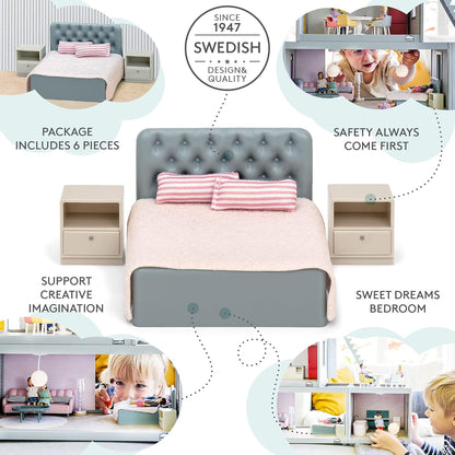 LUNDBY Poppenhuis Meubels Slaapkamerset - Poppenbed - Poppenhuis Accessoires voor 11cm Mini Poppen - 6 stuks, Leeftijd 3+ Schaal 1:18