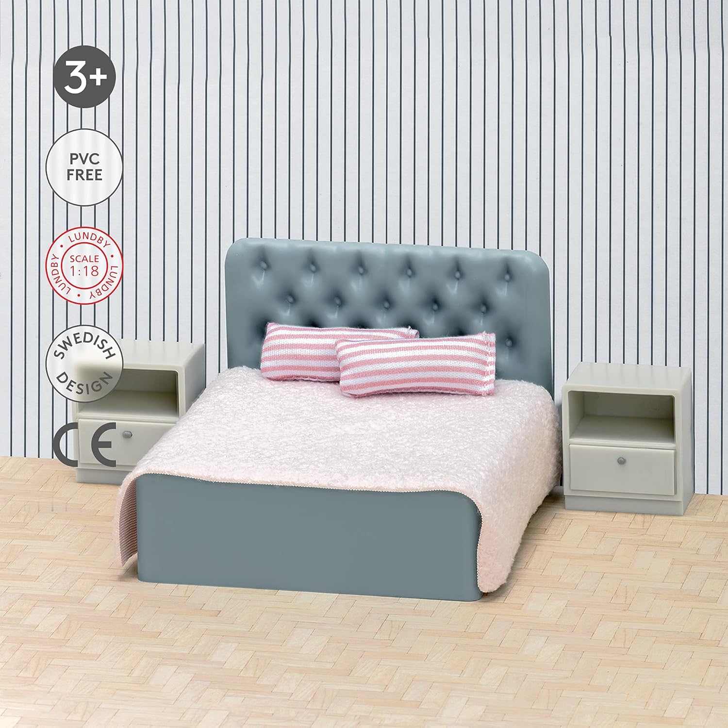 LUNDBY Poppenhuis Meubels Slaapkamerset - Poppenbed - Poppenhuis Accessoires voor 11cm Mini Poppen - 6 stuks, Leeftijd 3+ Schaal 1:18