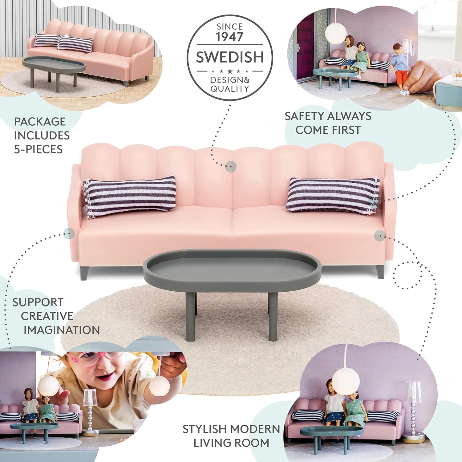 LUNDBY Poppenhuis Meubels Woonkamersets - Poppenhuis Accessoires - 5-delig voor minipopjes 11 cm, Leeftijd 3+, 1:18