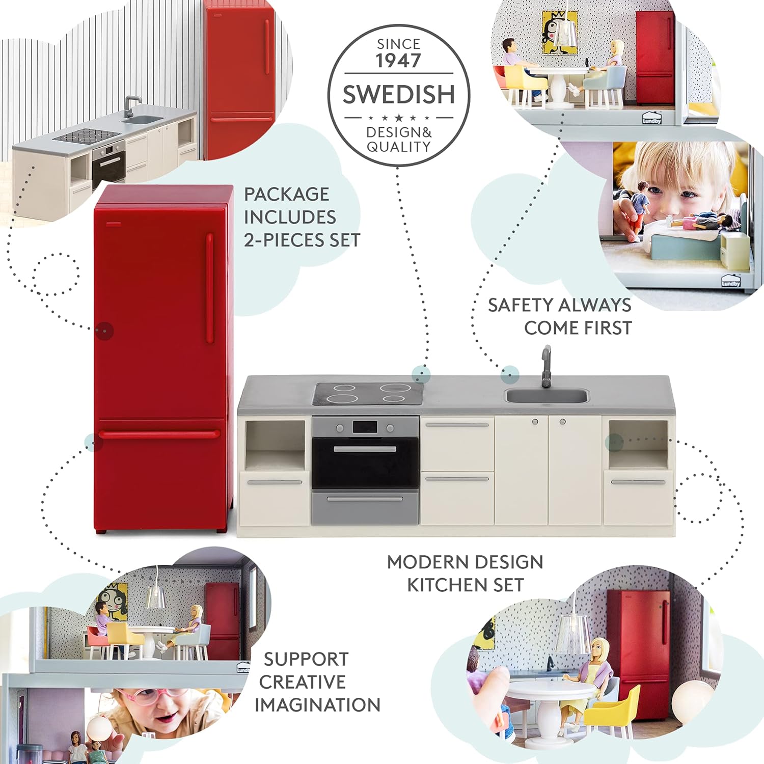 LUNDBY Poppenhuis Meubels Keuken Accessoires - Poppenhuis Aanrecht Kast Kookplaat Koelkast, 2-delige set voor 11 cm miniatuurpoppen, Leeftijd 3+ Schaal 1:18
