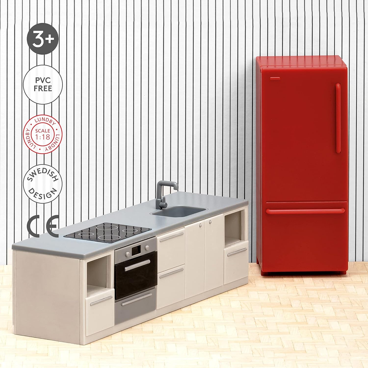LUNDBY Poppenhuis Meubels Keuken Accessoires - Poppenhuis Aanrecht Kast Kookplaat Koelkast, 2-delige set voor 11 cm miniatuurpoppen, Leeftijd 3+ Schaal 1:18