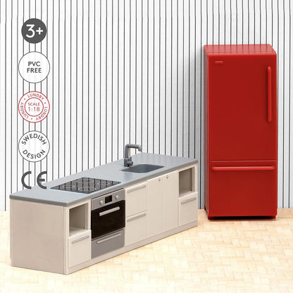 LUNDBY Poppenhuis Meubels Keuken Accessoires - Poppenhuis Aanrecht Kast Kookplaat Koelkast, 2-delige set voor 11 cm miniatuurpoppen, Leeftijd 3+ Schaal 1:18