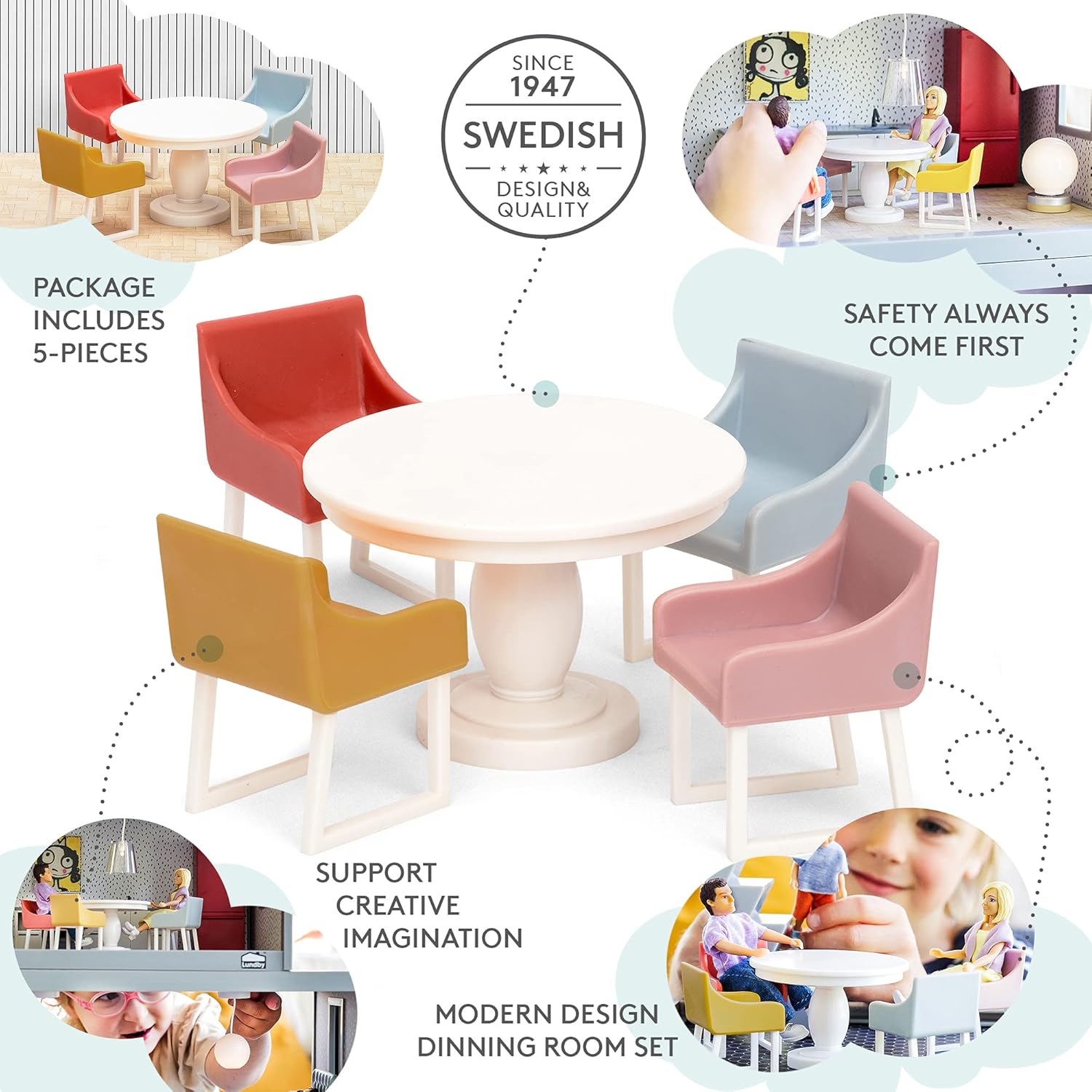 LUNDBY Dollhouse Meubels Eetkamer Tafelstoel Set - 5-delige poppenhuis accessoires voor mini-poppen 11 cm - leeftijd 4+, schaal 1:18