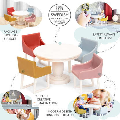 LUNDBY Dollhouse Meubels Eetkamer Tafelstoel Set - 5-delige poppenhuis accessoires voor mini-poppen 11 cm - leeftijd 4+, schaal 1:18