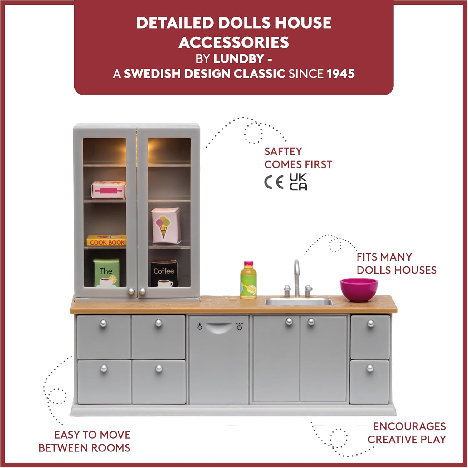 LUNDBY Dolls House Furniture Kitchen Sink Cupboard Drawers – Doll House Accessories LED Lights in Cabinet – 8-pieces – for 11 cm Mini Dolls – Age 4+, 1 :18