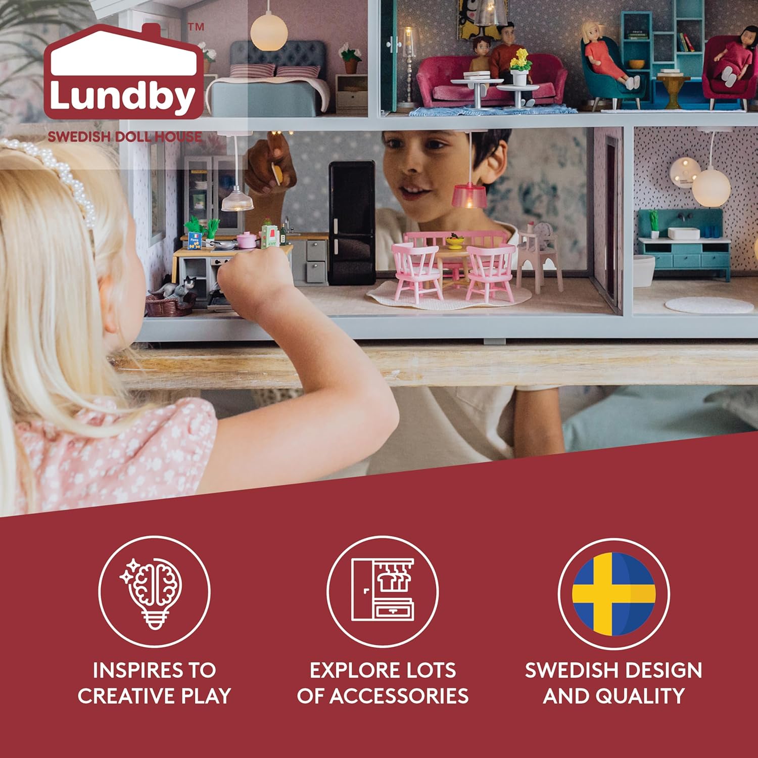 LUNDBY Dolls House Furniture Kitchen Sink Cupboard Drawers – Doll House Accessories LED Lights in Cabinet – 8-pieces – for 11 cm Mini Dolls – Age 4+, 1 :18