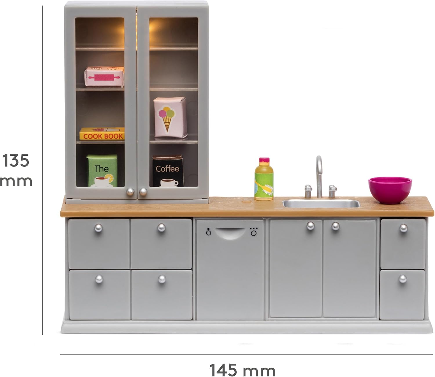 LUNDBY Dolls House Furniture Kitchen Sink Cupboard Drawers – Doll House Accessories LED Lights in Cabinet – 8-pieces – for 11 cm Mini Dolls – Age 4+, 1 :18