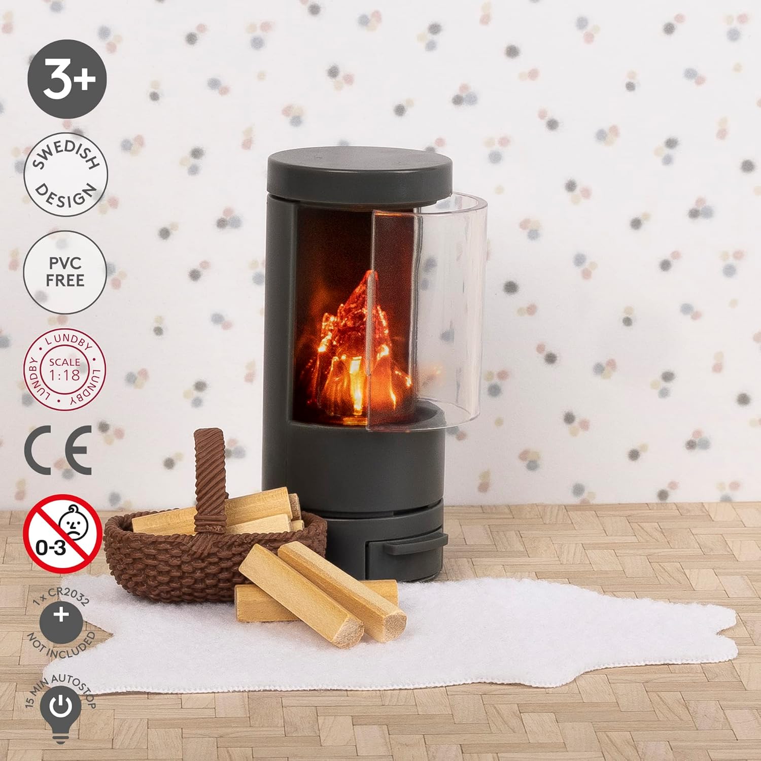 Lundby Poppenhuis - miniatuur open haard poppenmeubel met LED-verlichting - inrichting poppenhuis meubelset - woonkamer - accessoires - 11cm poppen 1:18