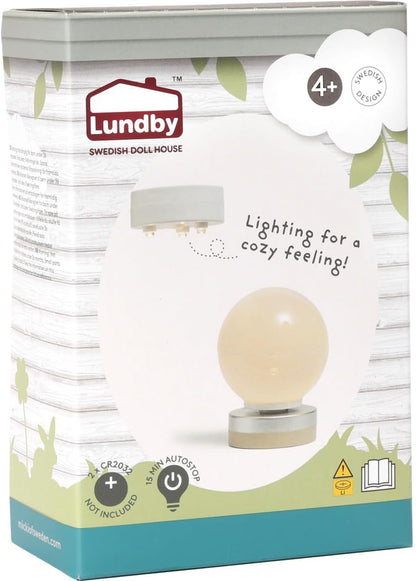 LUNDBY Accessoires voor poppenhuisverlichting, plafondlamp, schijnwerpers + vloerlamp, mini-batterij-aangedreven ledverlichting voor minipoppen, 11 cm, 2 stuks, leeftijd 4 jaar, 1:18