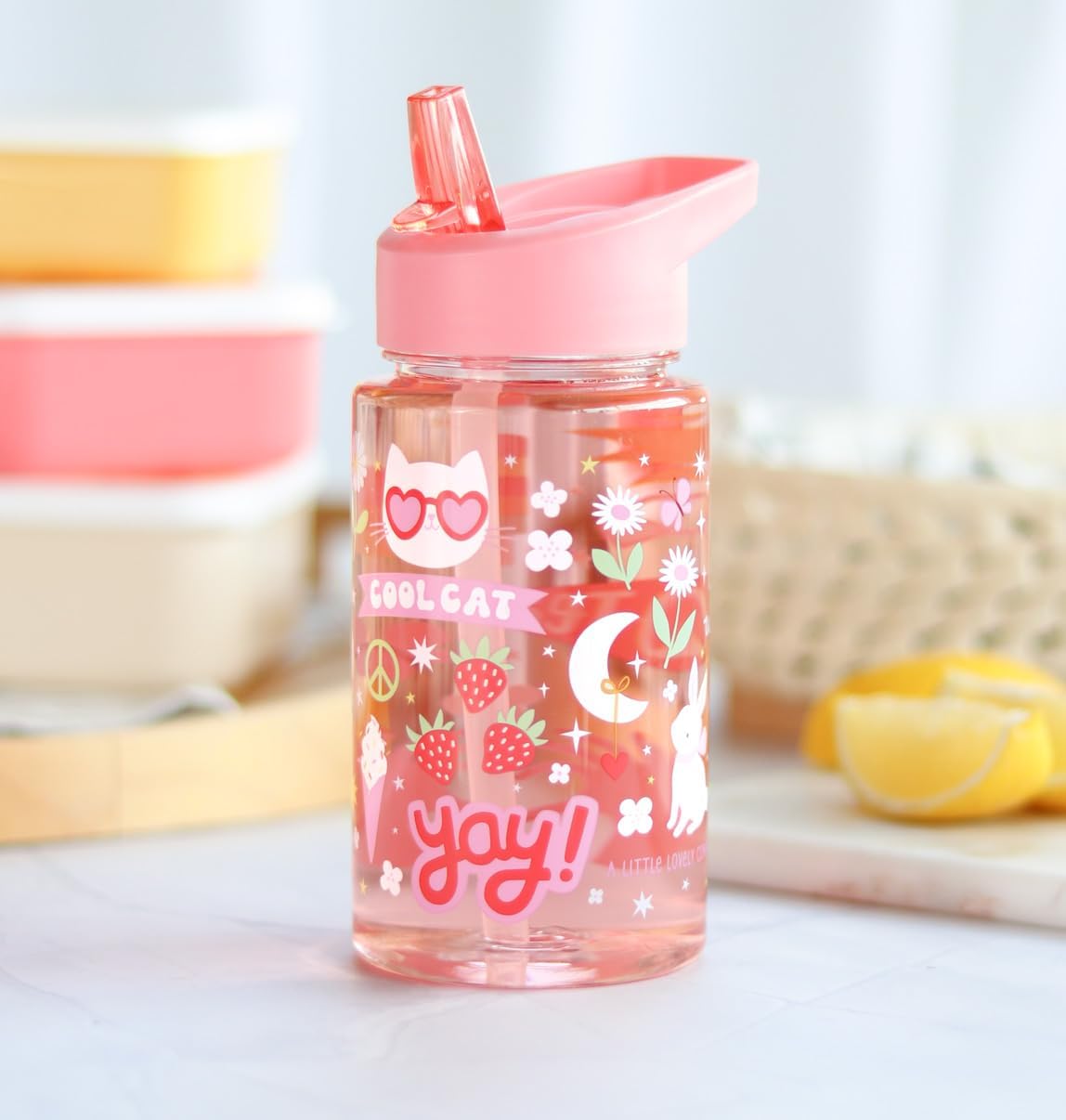 A Little Lovely Company Transparante Drinkfles met uniek design, 450 ml | Geschikt voor kleurschool, schooopvang, basisschool, vakantie, on the go (Fun