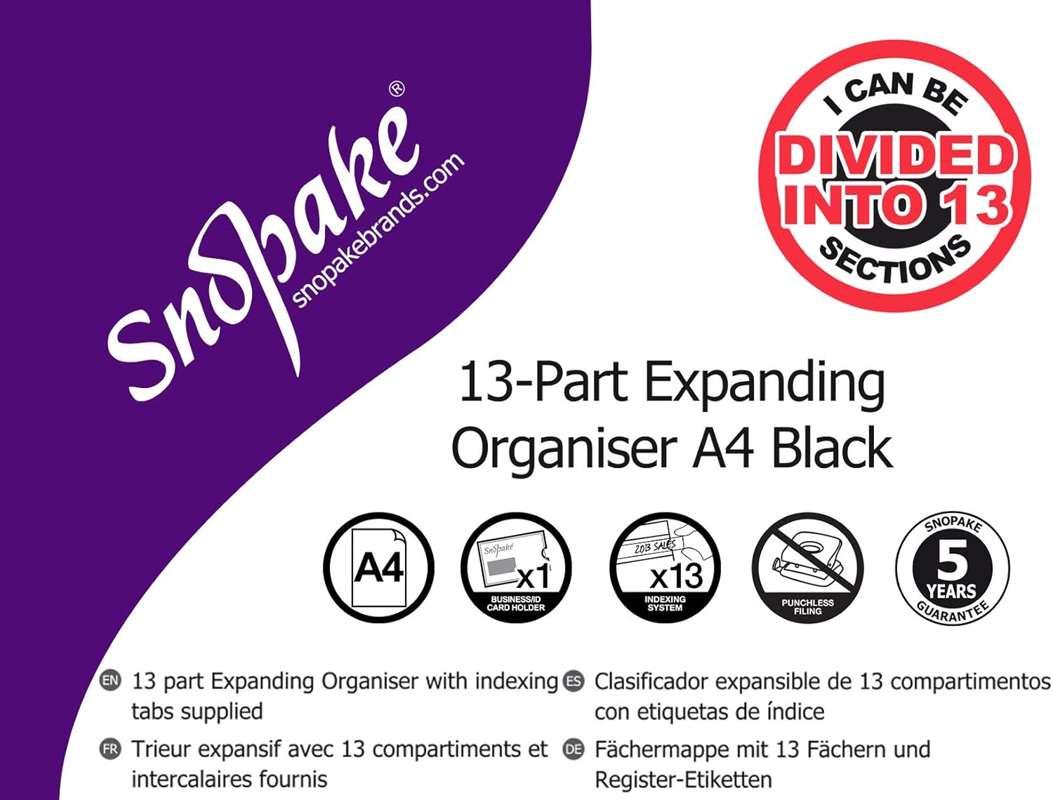 Snopake A4 Expanding Organiser 13-Part – Black  Ref: 11219