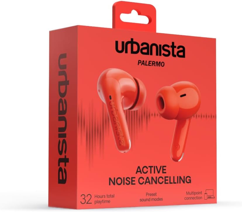 Urbanista Palermo Cuffie In‑Ear True Wireless con ANC - Autonomia 32h, Multipoint Bluetooth, IPX4, Custodia Tascabile - Papavero Arancione