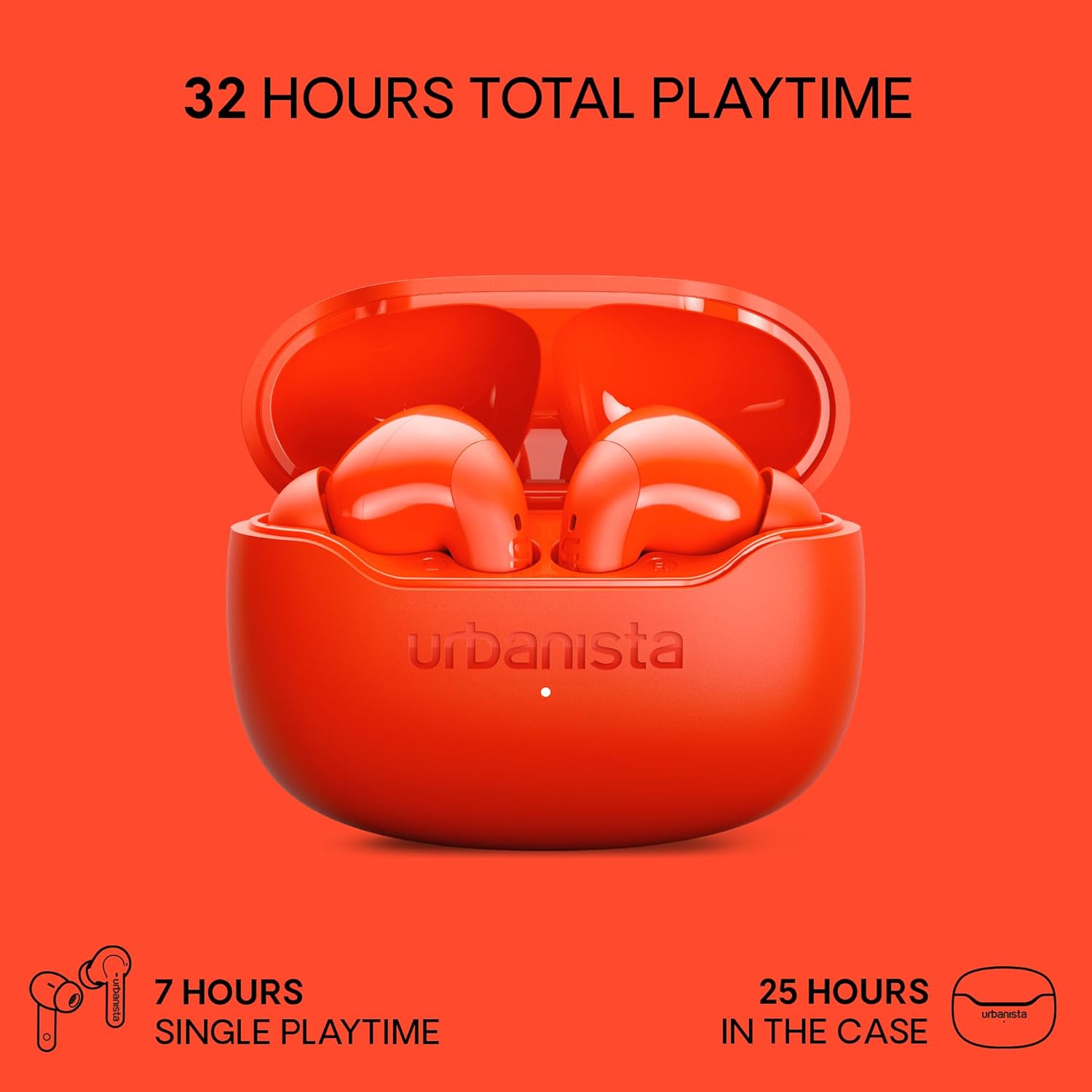 Urbanista Palermo Cuffie In‑Ear True Wireless con ANC - Autonomia 32h, Multipoint Bluetooth, IPX4, Custodia Tascabile - Papavero Arancione