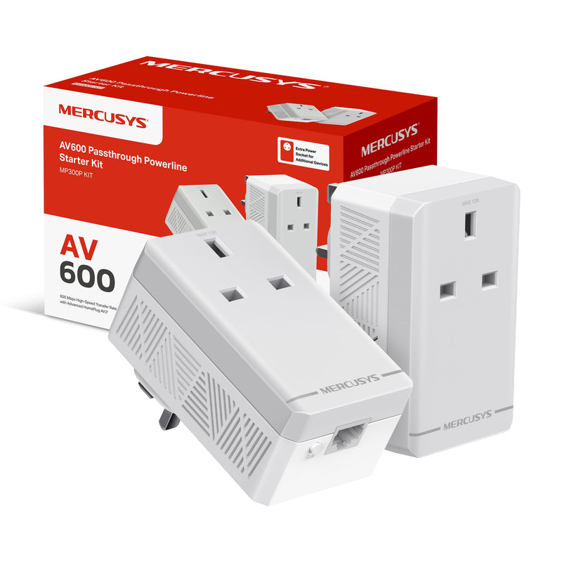 Mercursys MP300P KIT AV600 Powerline Adapter Starter KIT, Powerline Network Adapters with Extra Power Scoket,TP-Link Power Saving Powerline Network Adapters with Ethernet Port, Plug and Play