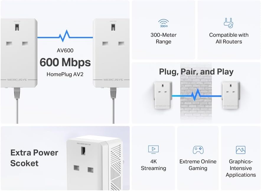 Mercursys MP300P KIT AV600 Powerline Adapter Starter KIT, Powerline Network Adapters with Extra Power Scoket,TP-Link Power Saving Powerline Network Adapters with Ethernet Port, Plug and Play