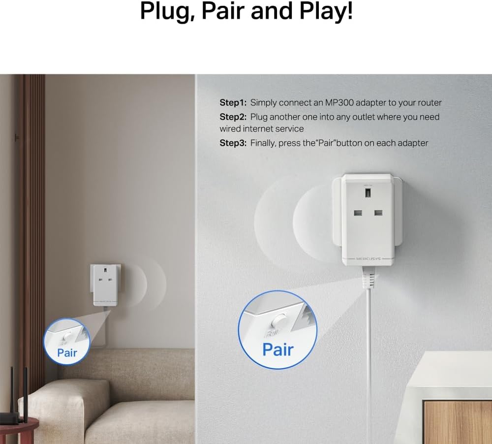 Mercursys MP300P KIT AV600 Powerline Adapter Starter KIT, Powerline Network Adapters with Extra Power Scoket,TP-Link Power Saving Powerline Network Adapters with Ethernet Port, Plug and Play