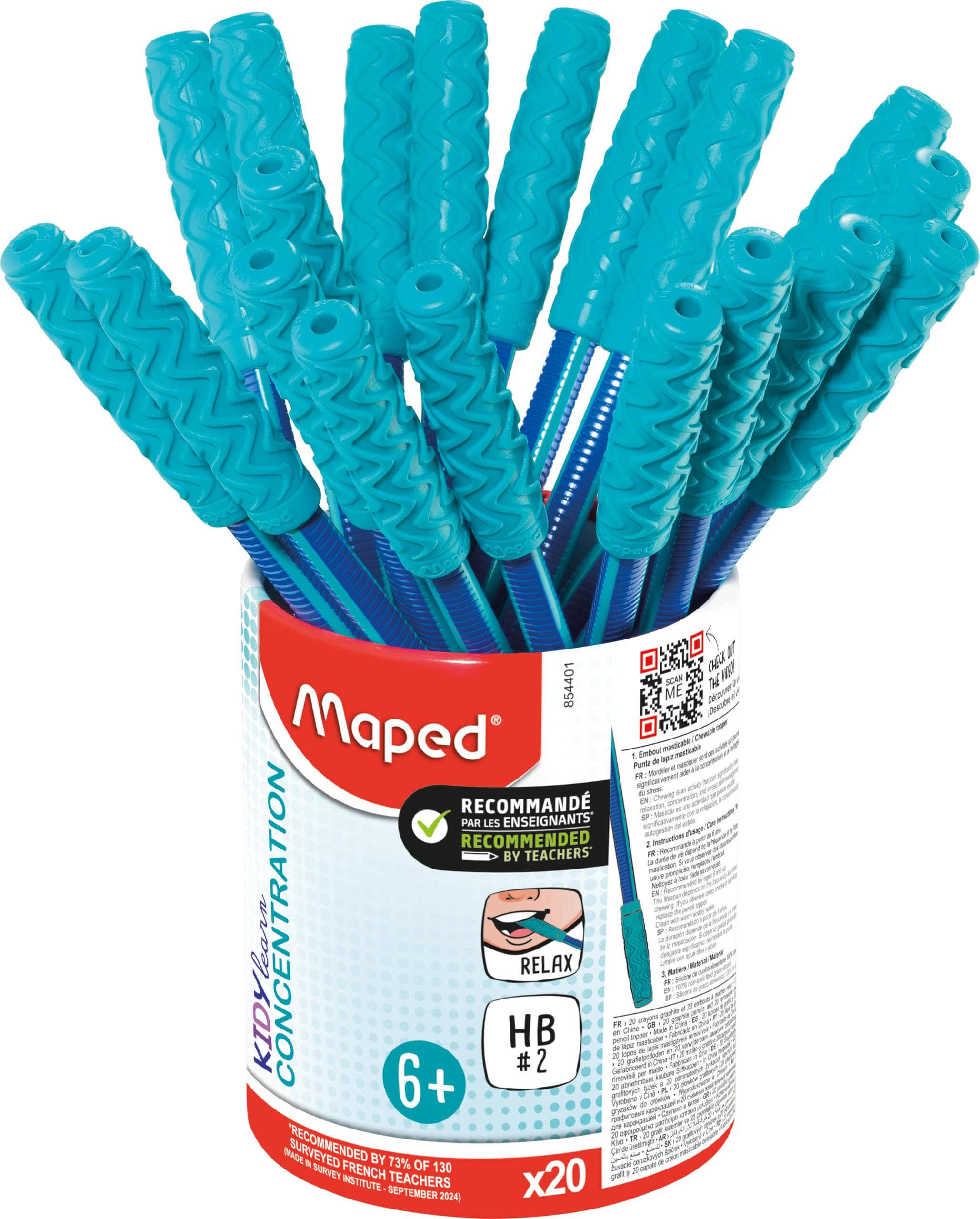 Maped - Kidy Learn Concentration- 20 Ergonomic Graphite Pencils with Relaxing Chew Tip - HB2 Lead - Textured Body with Grip