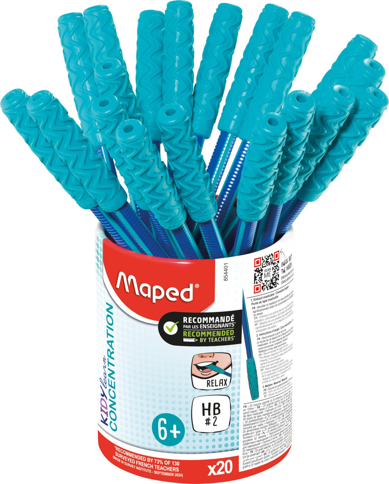 Maped - Kidy Learn Concentration- 20 Ergonomic Graphite Pencils with Relaxing Chew Tip - HB2 Lead - Textured Body with Grip