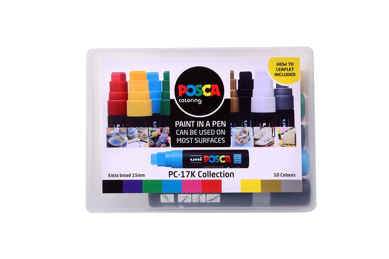 POSCA PC-17K Permanent Marker Paint Pens. Broad Chisel Tip for Art & Crafts. Multi Surface Use On Wood Metal Paper Canvas Cardboard Glass Fabric Ceramic Rock Pebble Stone Porcelain. Set of 10 Colours