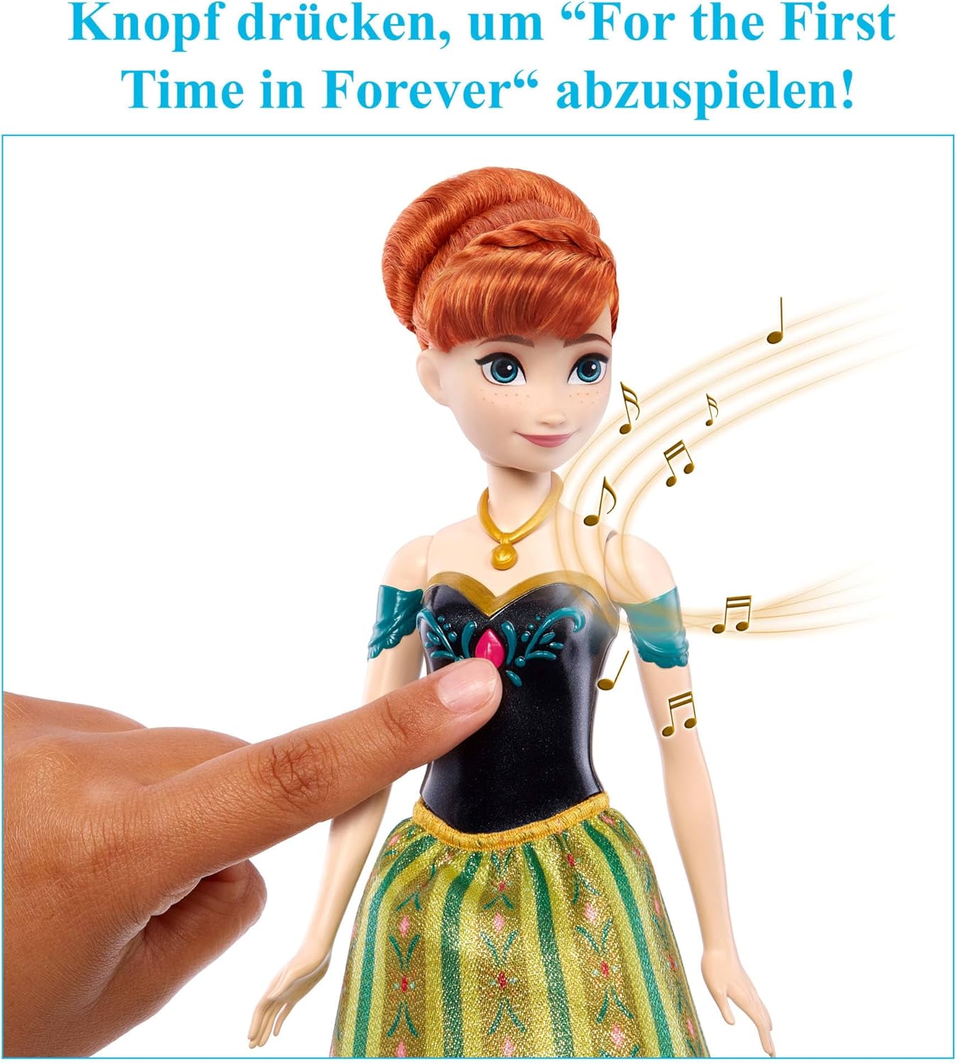 Mattel Spielzeuge aus Disney Die Eiskönigin, Singende Anna-Modepuppe in charakteristischem Outfit, singt Zum ersten Mal aus dem Disney-Film in Englisch, Französisch, Deutsch, Italienisch, JDL59