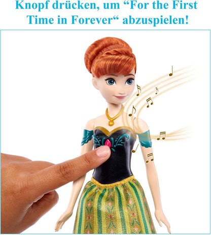 Mattel Spielzeuge aus Disney Die Eiskönigin, Singende Anna-Modepuppe in charakteristischem Outfit, singt Zum ersten Mal aus dem Disney-Film in Englisch, Französisch, Deutsch, Italienisch, JDL59