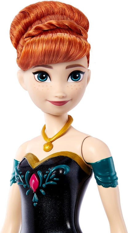 Mattel Spielzeuge aus Disney Die Eiskönigin, Singende Anna-Modepuppe in charakteristischem Outfit, singt Zum ersten Mal aus dem Disney-Film in Englisch, Französisch, Deutsch, Italienisch, JDL59