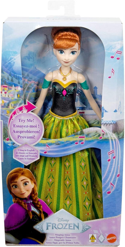 Mattel Spielzeuge aus Disney Die Eiskönigin, Singende Anna-Modepuppe in charakteristischem Outfit, singt Zum ersten Mal aus dem Disney-Film in Englisch, Französisch, Deutsch, Italienisch, JDL59