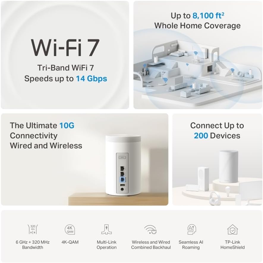 TP-Link Deco BE68 BE14000 Tri-Band 7 Router,AI Roaming Router,Mesh System with MLO,Gigabit Ports,Extender Booster,VPN Encryption WiFi Booster,APP Control,Google Home,Alexa