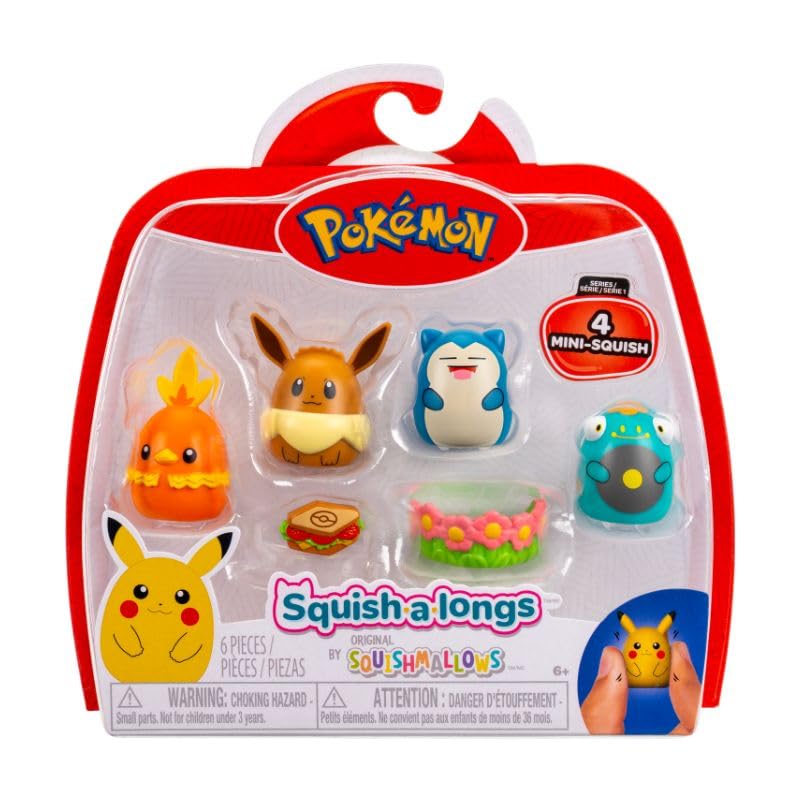 Squish-a-longs SQAL0068 4-pack - Eevee, Snorlax, Bellibolt, Torchic - 2 accessories included