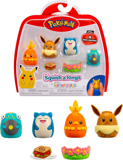 Squish-a-longs SQAL0068 4-pack - Eevee, Snorlax, Bellibolt, Torchic - 2 accessories included