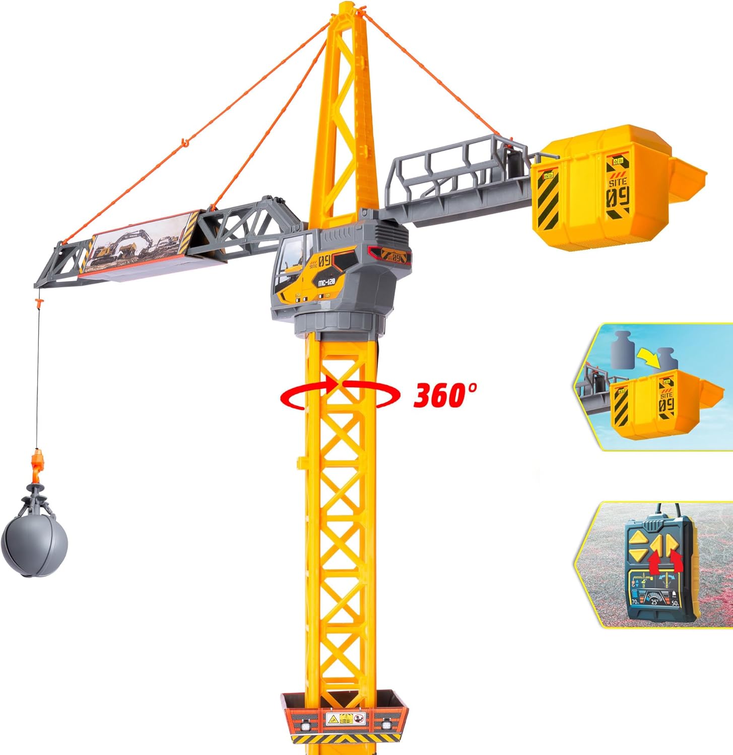 Dickie Toys - Mighty Crane (110 cm) – grote speelgoedkraan met 360° rotatie & slooplamp incl. grijpfunctie, speelkraan voor kinderen vanaf 3 jaar met kabelafstandsbediening