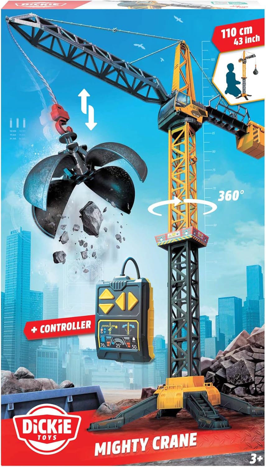 Dickie Toys - Mighty Crane (110 cm) – grote speelgoedkraan met 360° rotatie & slooplamp incl. grijpfunctie, speelkraan voor kinderen vanaf 3 jaar met kabelafstandsbediening