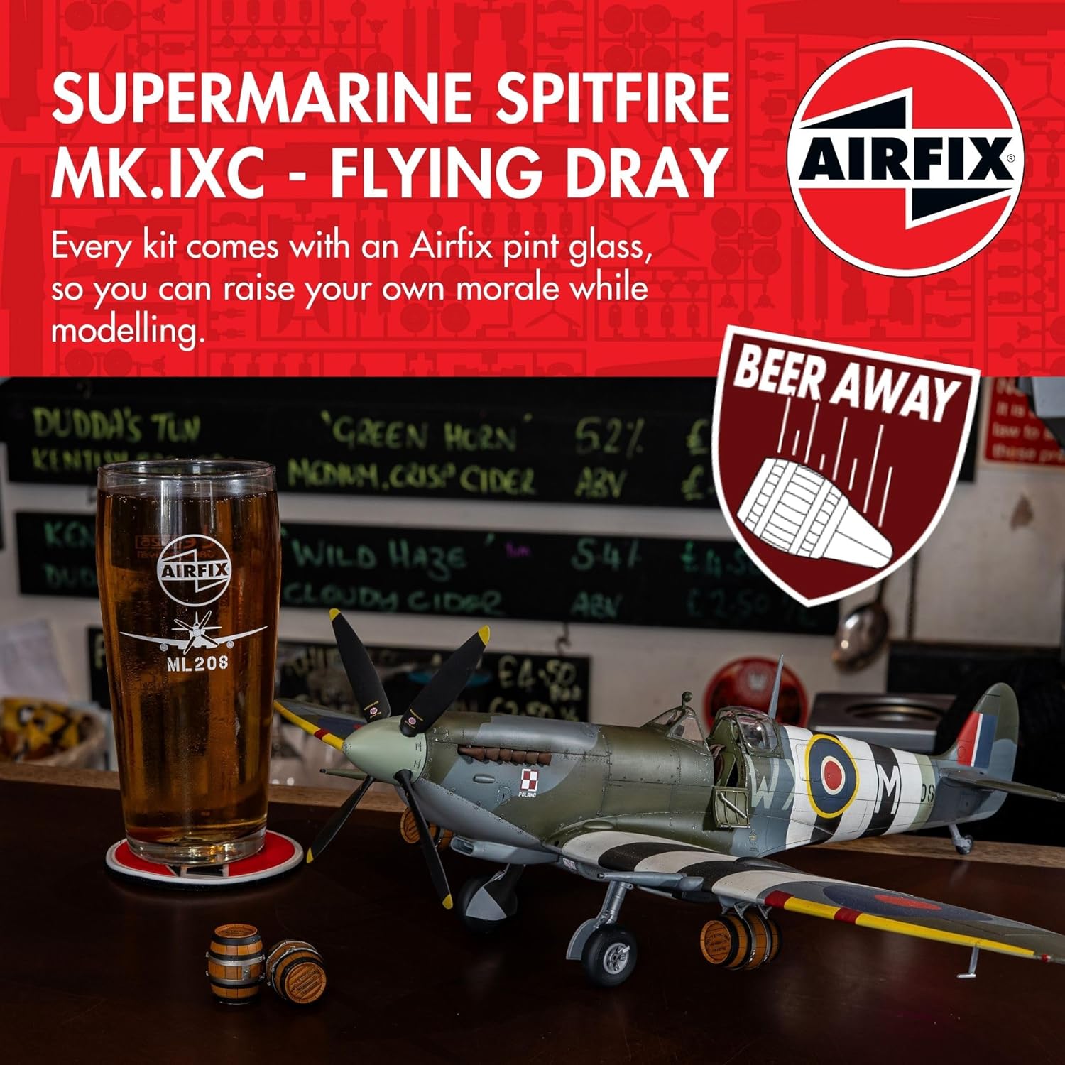 Airfix Model Set - A17001A Supermarine Spitfire Mk.IXc - Flying Dray Model Aircraft Kit - Plastic Plane Kits for Adults, Set Includes Special Edition Pint Glass - 1:24 Scale