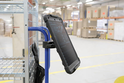 Durable Tough Tablet Stand with Clamp - iPad Stand for Clamping to Bars or Trolleys - for 7-13" Tablets and Kindles - Rotatable 360 - Black