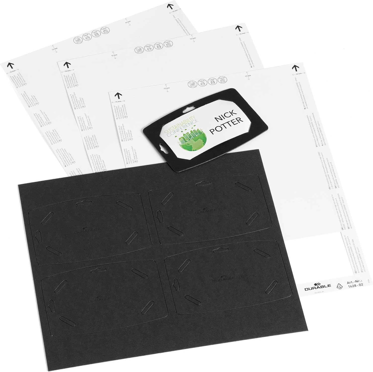 Durable Name Badge 54x90mm, Made of Recycled Paper and is 100 Percent Recyclable, with Euro Punching, Pack of 20 Name Tags, Black Badge with White Labels Included