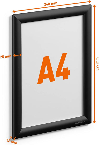 Durable A4 Aluminium Snap Frames - Wall Mounted Via Self-Adhesive Pads or Screw Set - Black - Pack of 1 - Optimal for Displaying Menus, Posters, etc