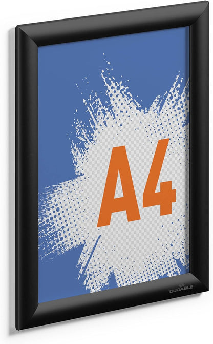 Durable A4 Aluminium Snap Frames - Wall Mounted Via Self-Adhesive Pads or Screw Set - Black - Pack of 1 - Optimal for Displaying Menus, Posters, etc