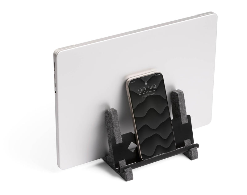 Durable Vertical Laptop Stand EFFECT, Made from 60 percent Recycled PET Felt, Stylish Laptop Holder with Phone and Tablet Tray, Anthracite Grey