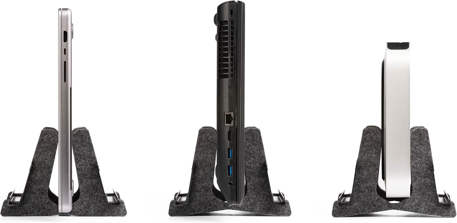 Durable Vertical Laptop Stand EFFECT, Made from 60 percent Recycled PET Felt, Stylish Laptop Holder with Phone and Tablet Tray, Anthracite Grey
