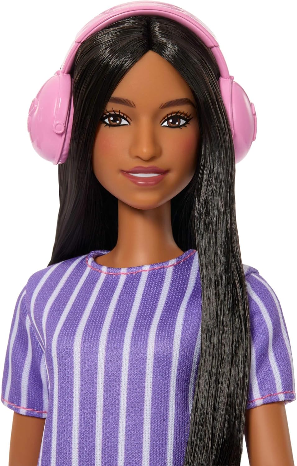 Barbie Fashionistas Pop nr. 245, Barbie pop met autisme, in paars gestreepte jurk en met accessoires, zoals fidgetspinner, tablet en hoofdtelefoon, JJN58