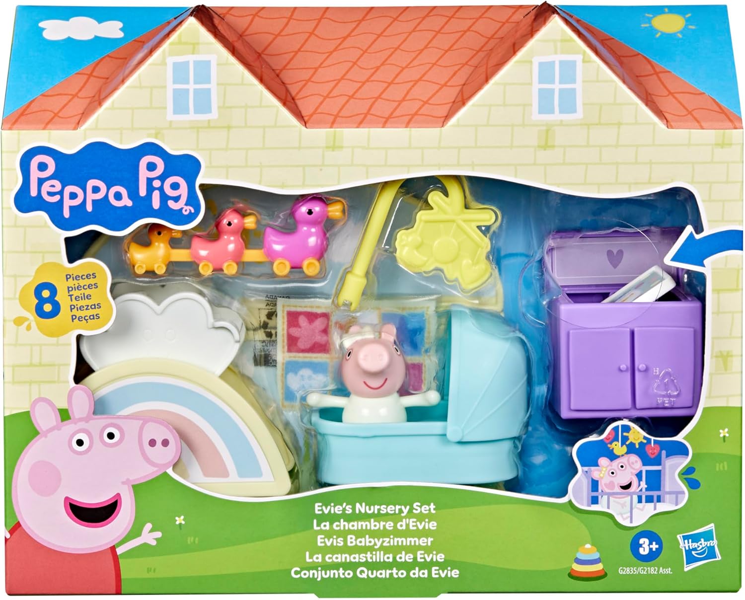 Peppa Pig Evies kinderkamer, speelset met 1 figuur en 7 accessoires, werkt met de speelset Peppa's Grote familiehuis, kleuterspeelgoed voor meisjes en jongens van 3+