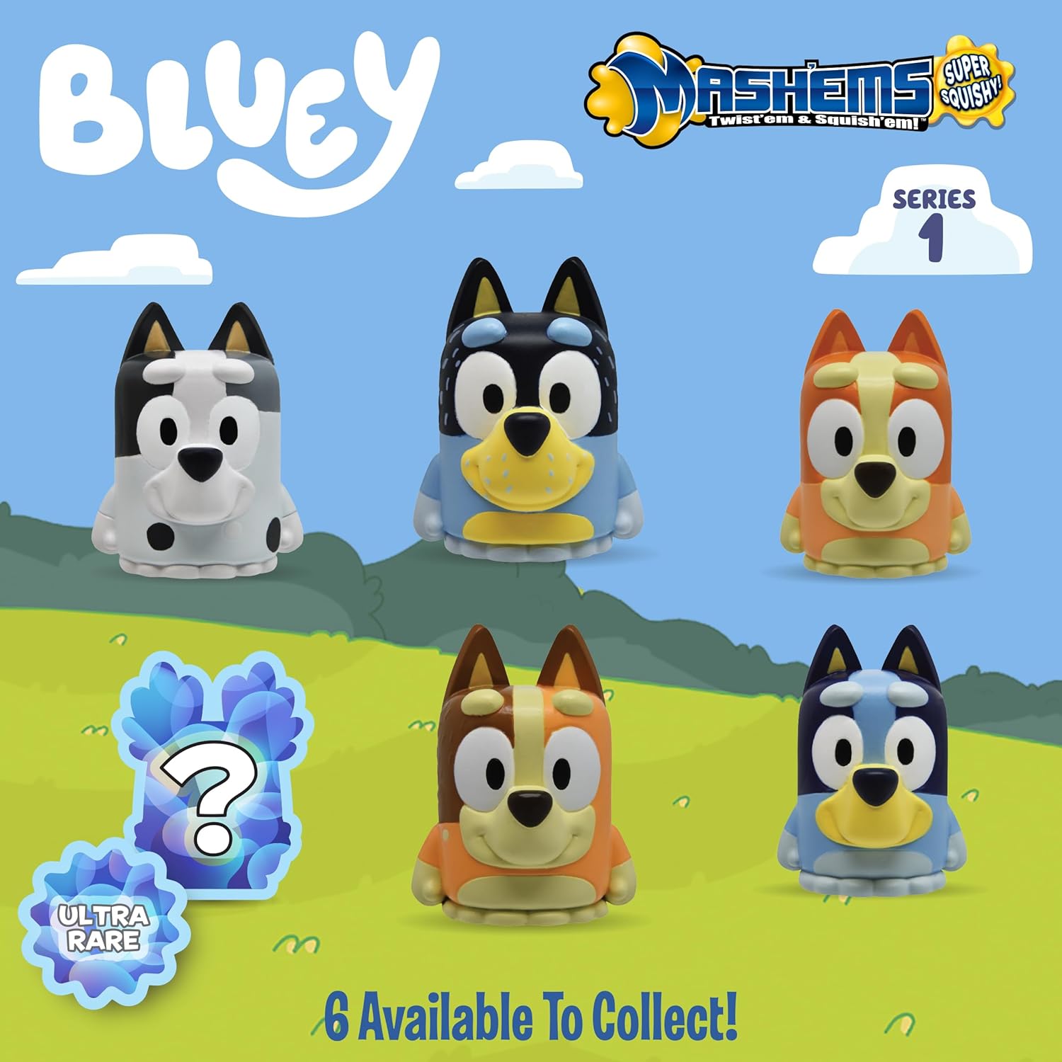 MASH'EMS BLAUWE Squishy Personages om te verzamelen, Bluey Speelgoed, Voorschoolse verzamelobjecten, STIJLEN KUNNEN VERSCHILLEN