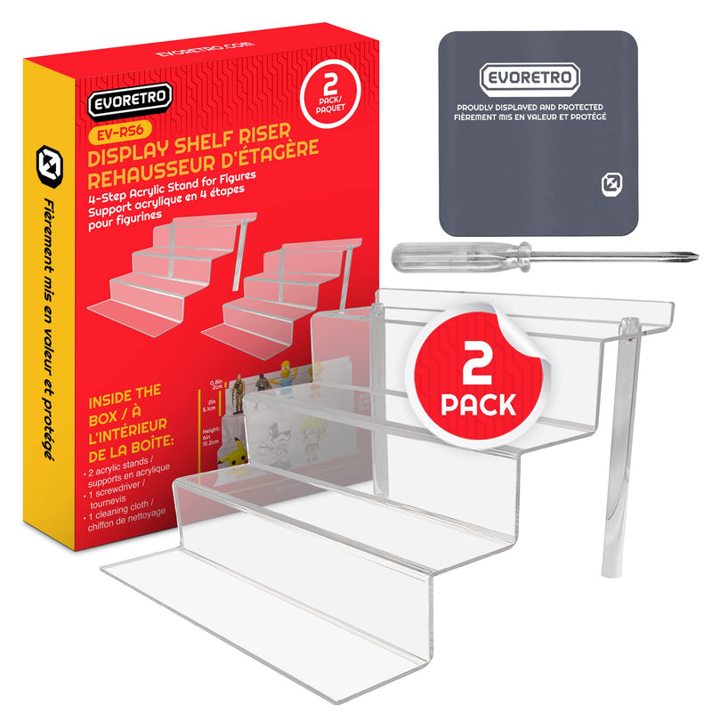 EVORETRO Acryl-Ständer – 4-stufige Mehrzweck-Abstandshalter aus transparentem Acryl für Actionfiguren, Funko Pop Display, Köln-Organizer, Parfüm-Display, platzsparende Displayerhöhung – 2 Stück, RS6